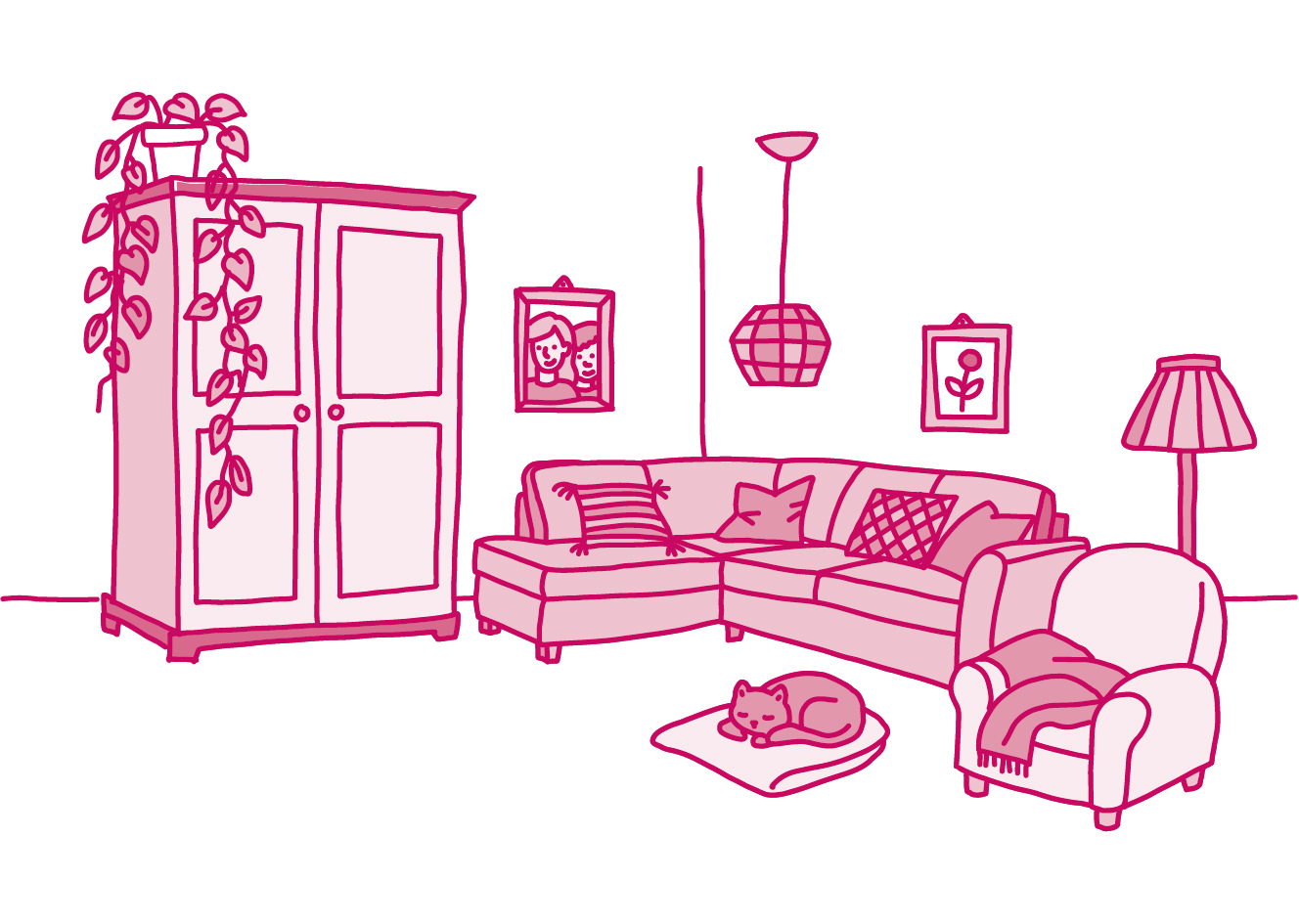 illustratie warme huiskamer met plant en kat